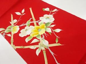 塩瀬金彩竹添え木に山茶花模様名古屋帯